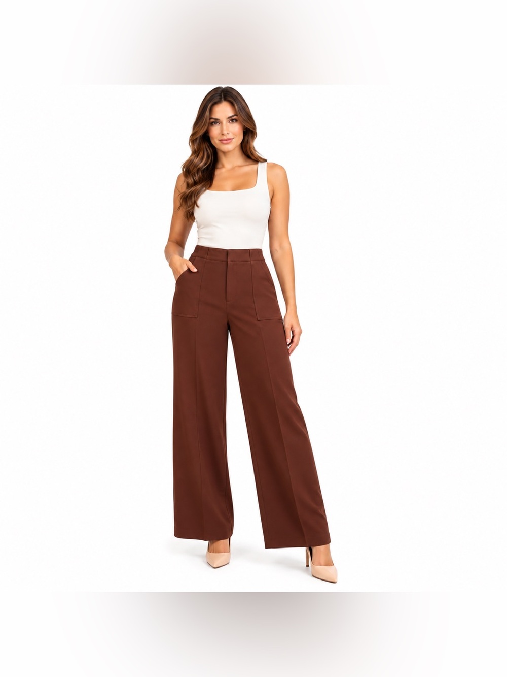 AQUA Brown High-Rise Wide Leg Dress Pants Tailored Pull-On Trousers SZ Large